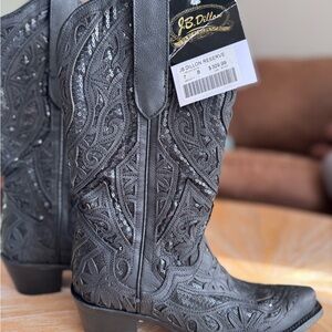 J.B. Dillon Black Leather Cowboy Boots with Gold Logo